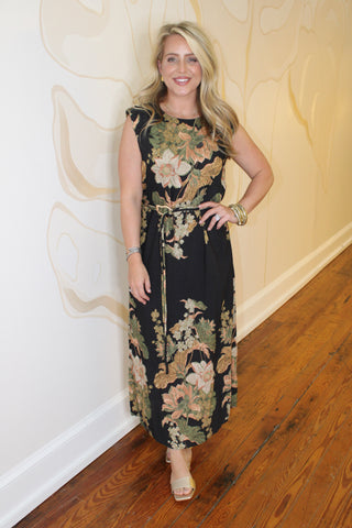 Black Floral Metal Tip Belt Dress