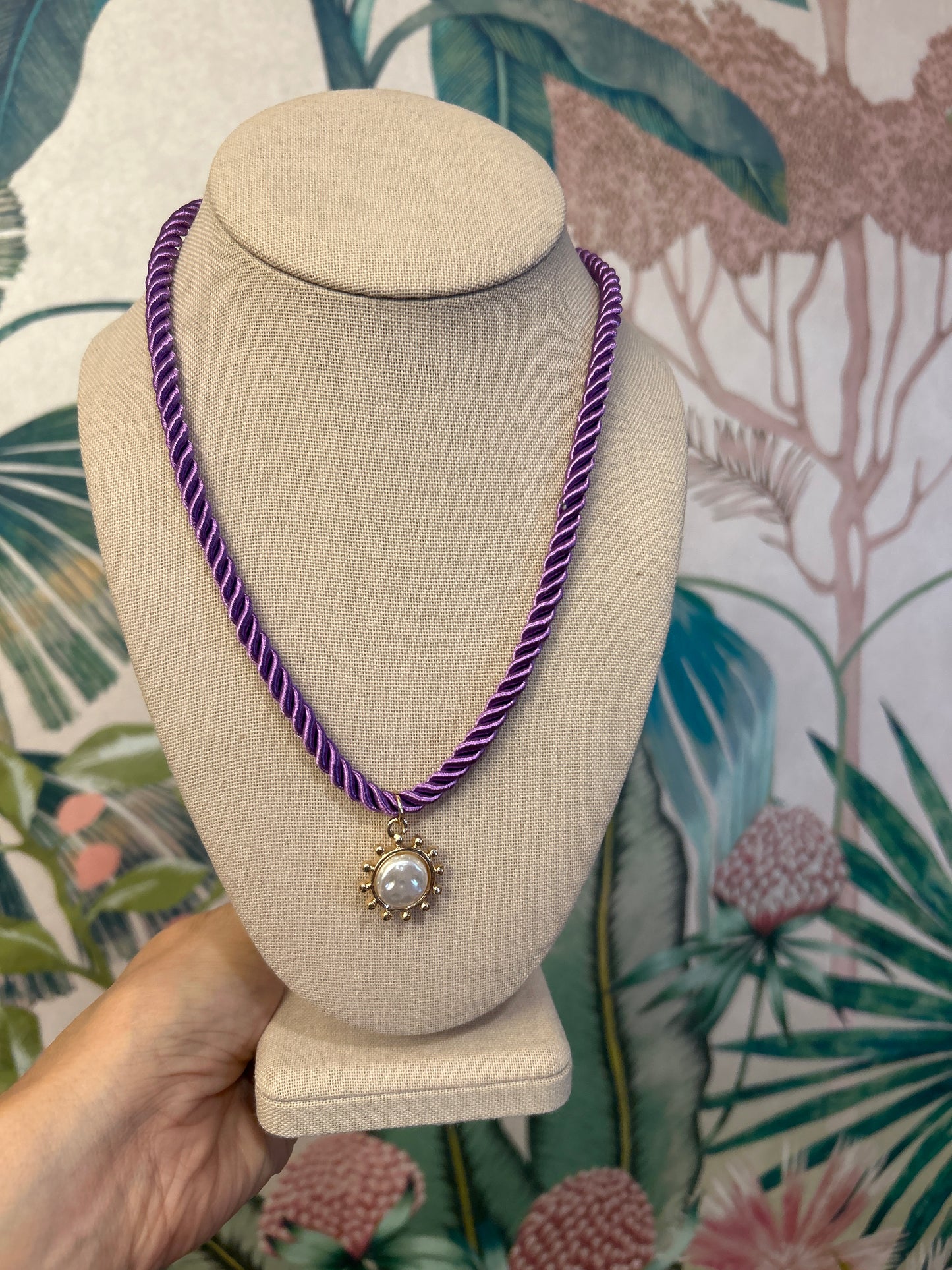 Purple Cord Pearl Pendant Necklace