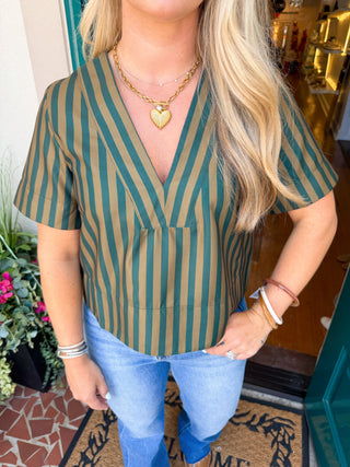 Striped V-neck Short Sleeve Top-Saturday Steal