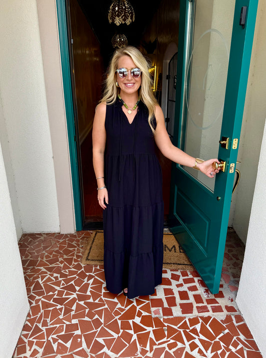 Black Ruffled Neck Maxi Dress