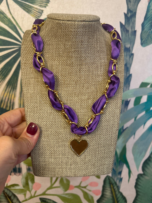 Purple Gold Link Heart Pendant Scarf Necklace