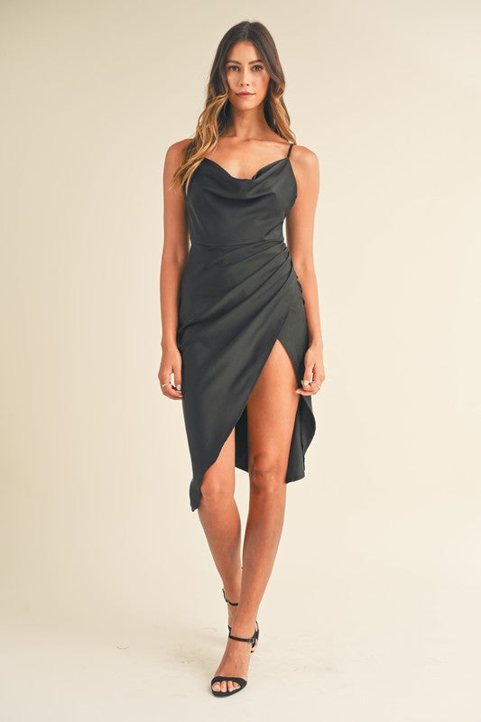 Black Draped Neck Satin Dress