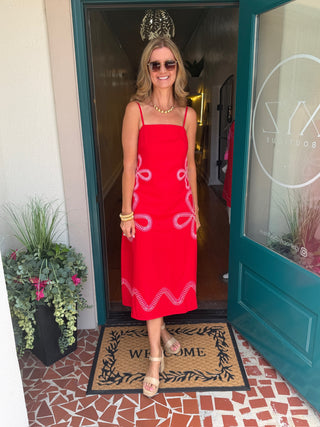 Red Floral Embroidered Linen Midi Dress