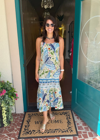 Ivory Tropical Bird Maxi Dress