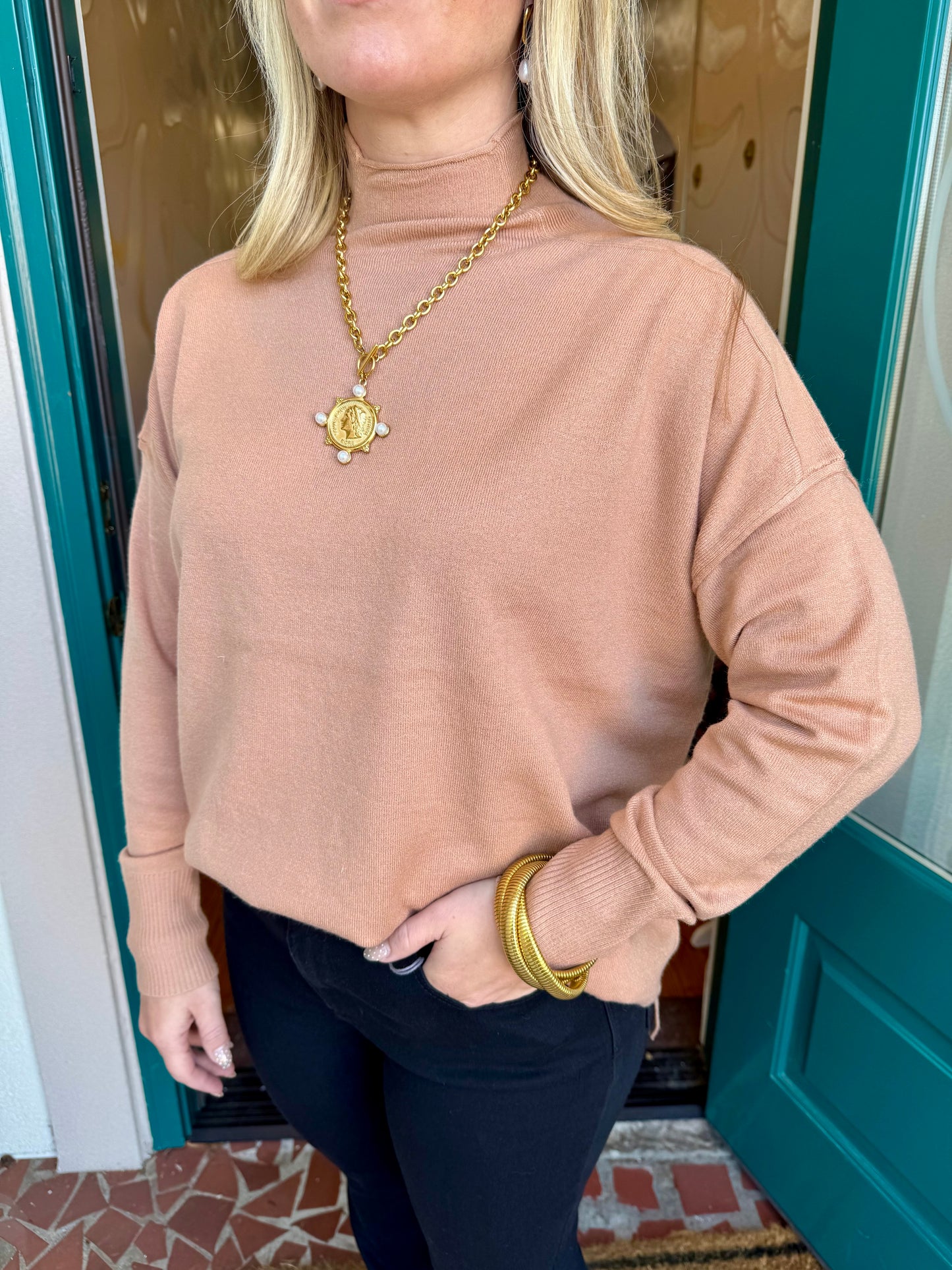 Rolled Raw Edge High-neck Sweater