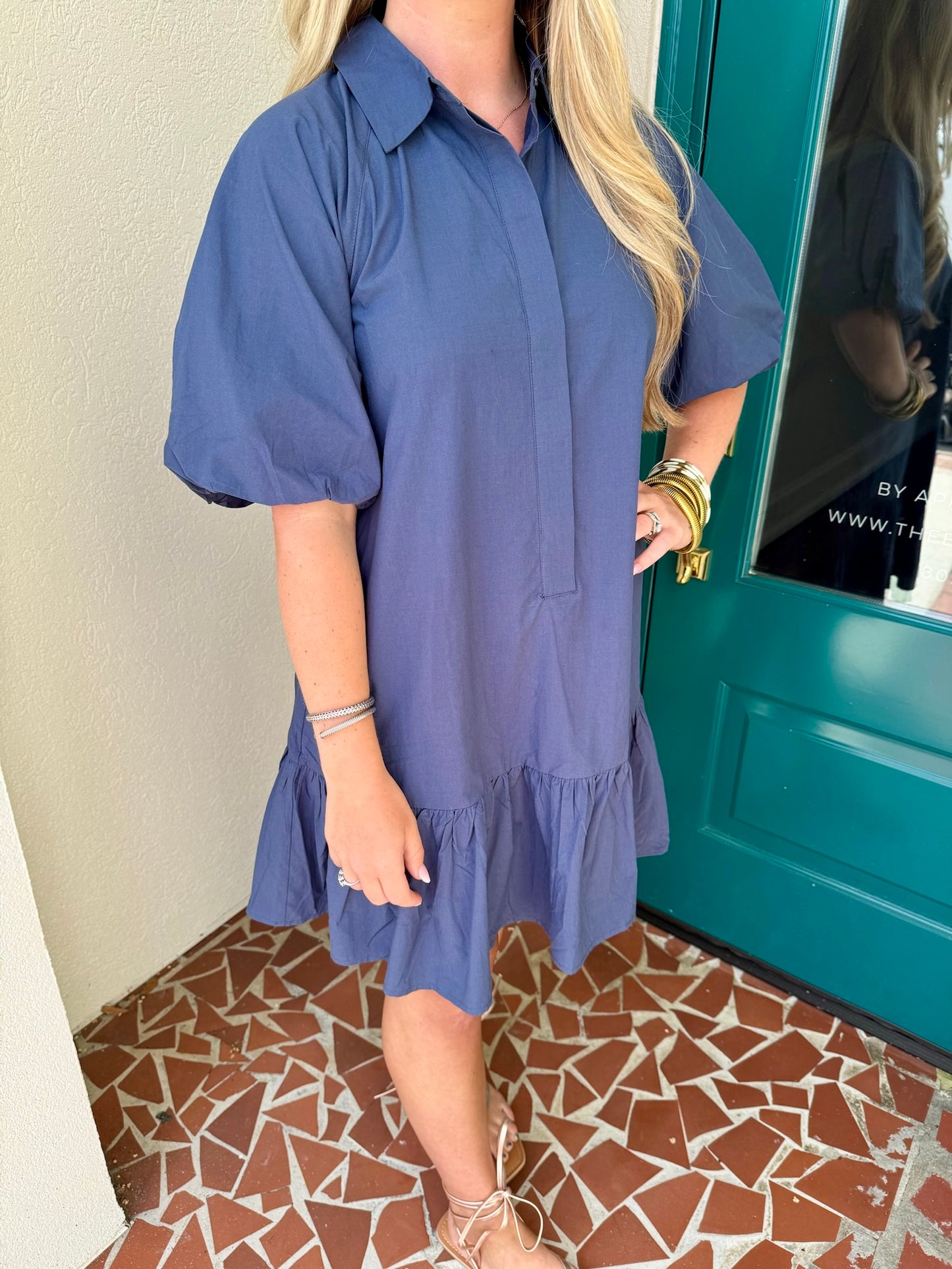 Navy Short Sleeve Button Down Dress