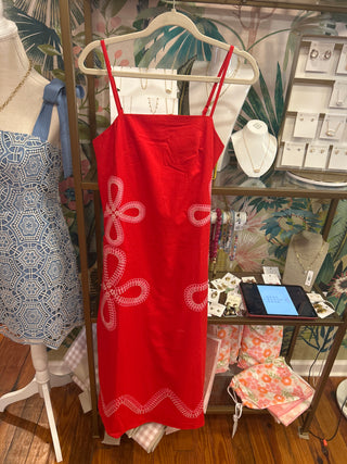 Red Floral Embroidered Linen Midi Dress
