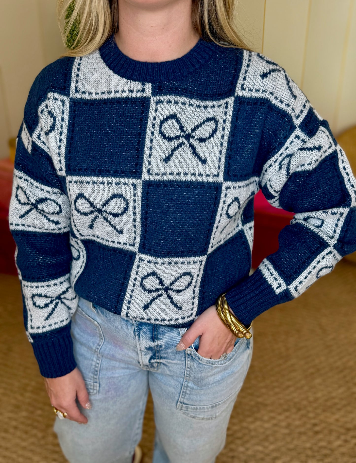 Checkered Bow Jacquard Crewneck Knit Sweater