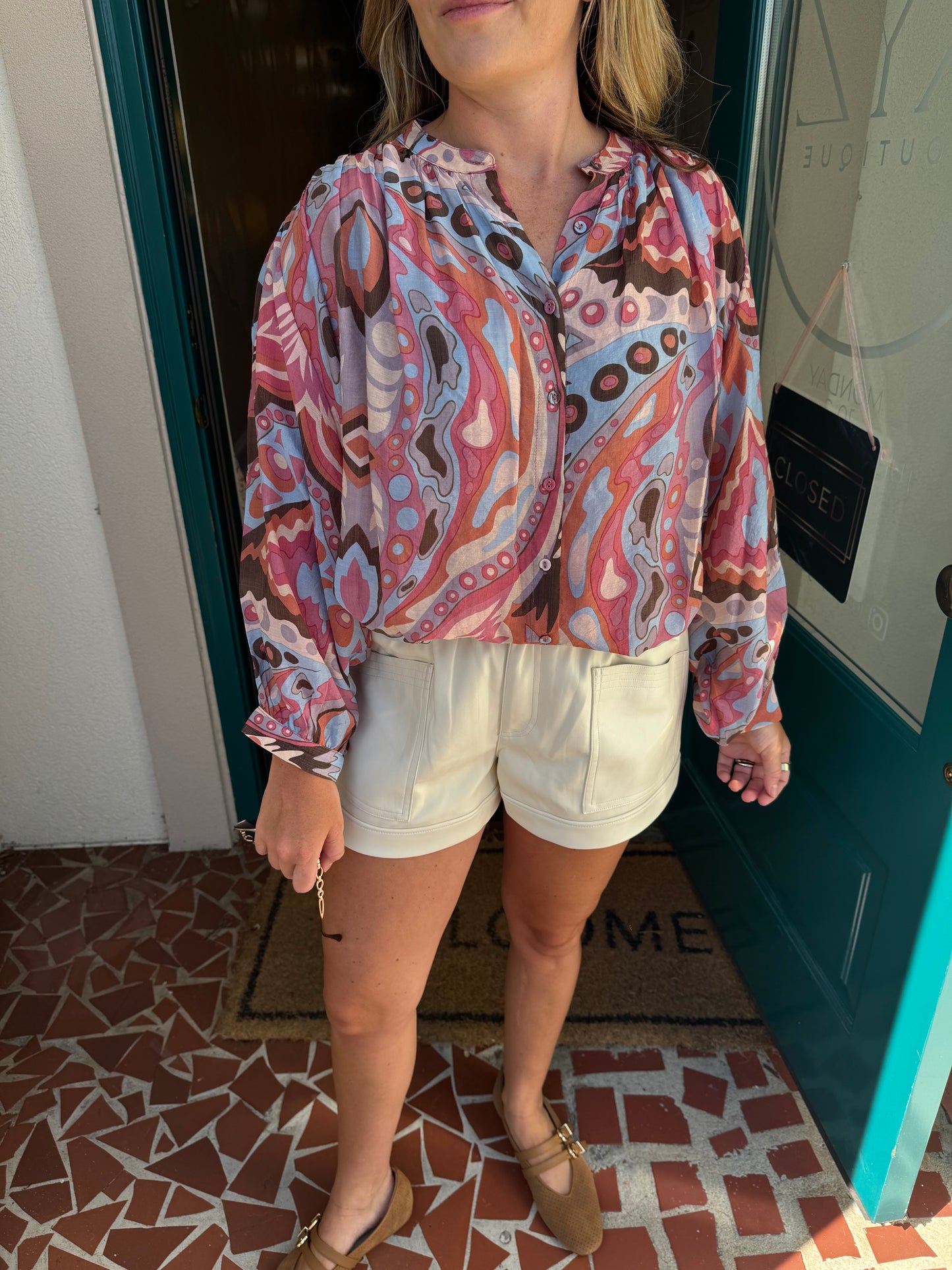 Printed Loose Fit Button Down Blouse