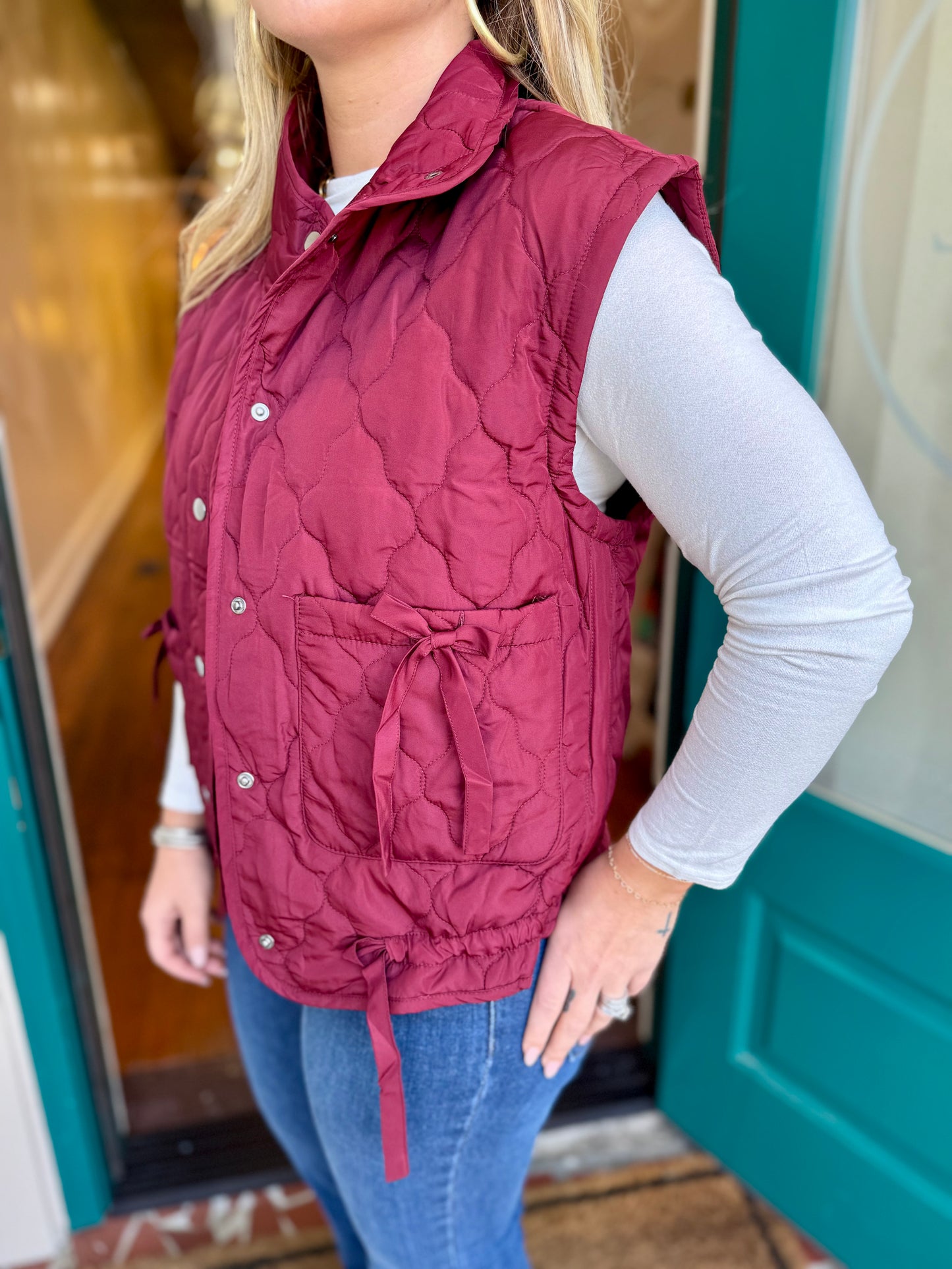 Tie Detail Snap Button Down Quilted Puffer Vest