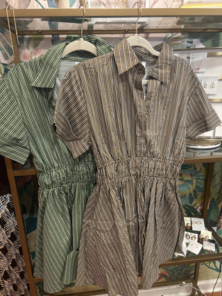 Stripe Collar Neck Elastic Waist Shirt Dress