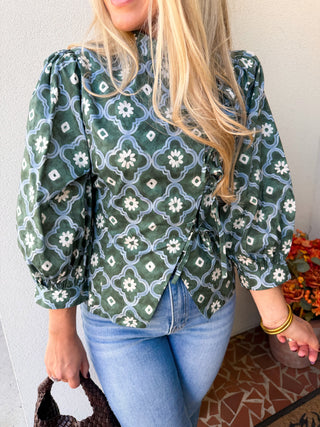 Green Floral Tie Detail Top