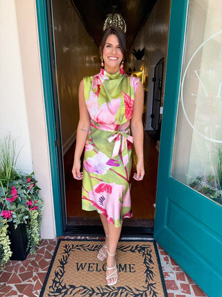 Floral Cowl Neck Waist Tie Midi Dress