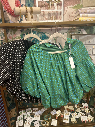 Round Neck Balloon Sleeve Dot Print Top