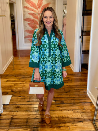 Green Solid Contrast Accent Boho Floral Dress