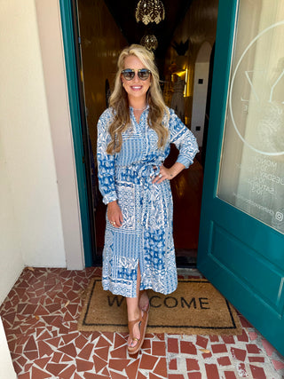 Blue Watercolor Tie Waist Maxi Dress