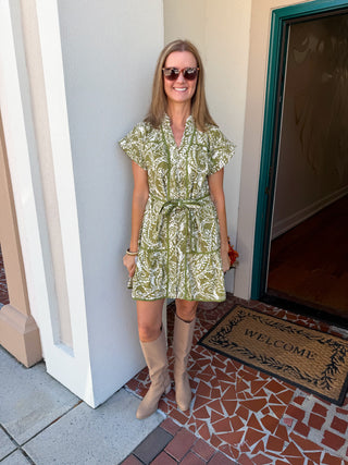 Olive Printed Short Sleeve Dress