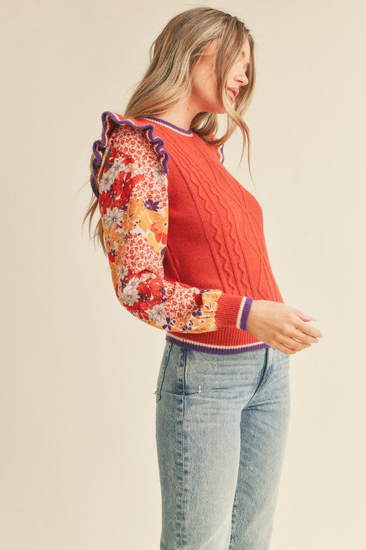 Mixed Media Floral Sleeve Sweater