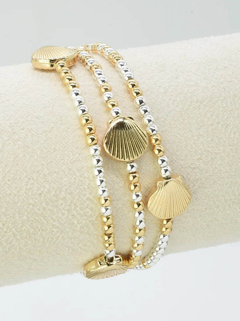 Set of 3 Gold and Silver Beaded with Gold Shell Stretch Bracelets