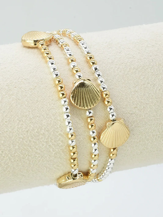 Set of 3 Gold and Silver Beaded with Gold Shell Stretch Bracelets