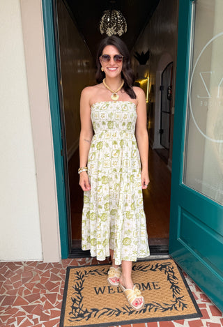 Plant Motif Smocked Strapless Midi Dress