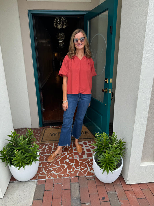 Rust Short Puff Sleeve V-neck Top