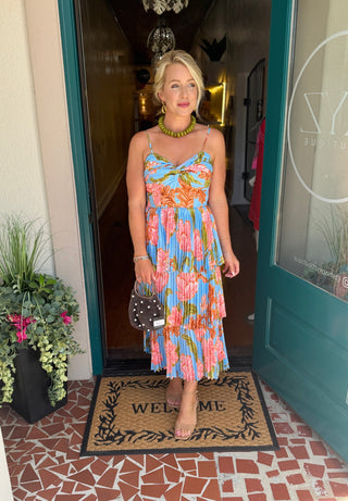 Floral Print Pleated Tiered Dress