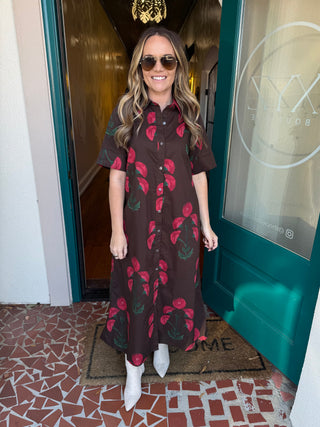 Brown and Pink Floral Midi Dress