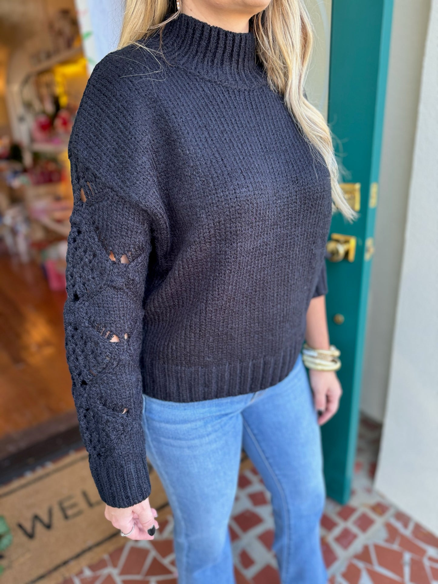 Long Sleeve Mock Neck Sleeve Detail Sweater