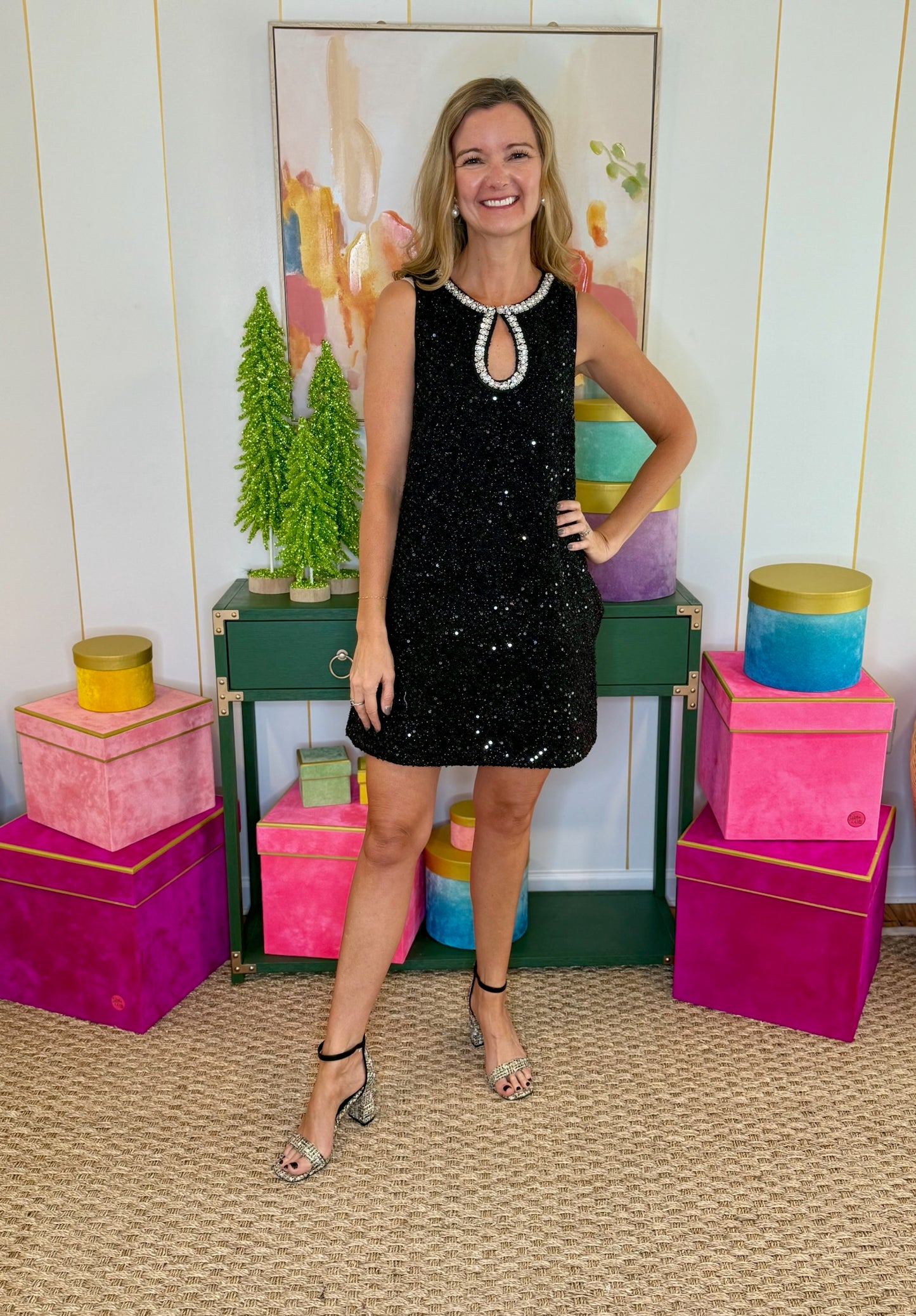 Black Sleeveless Sequin Beaded Neckline Dress