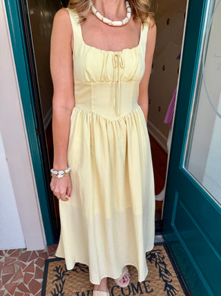 Square Neck Front Tie Corset Detail Midi Dress