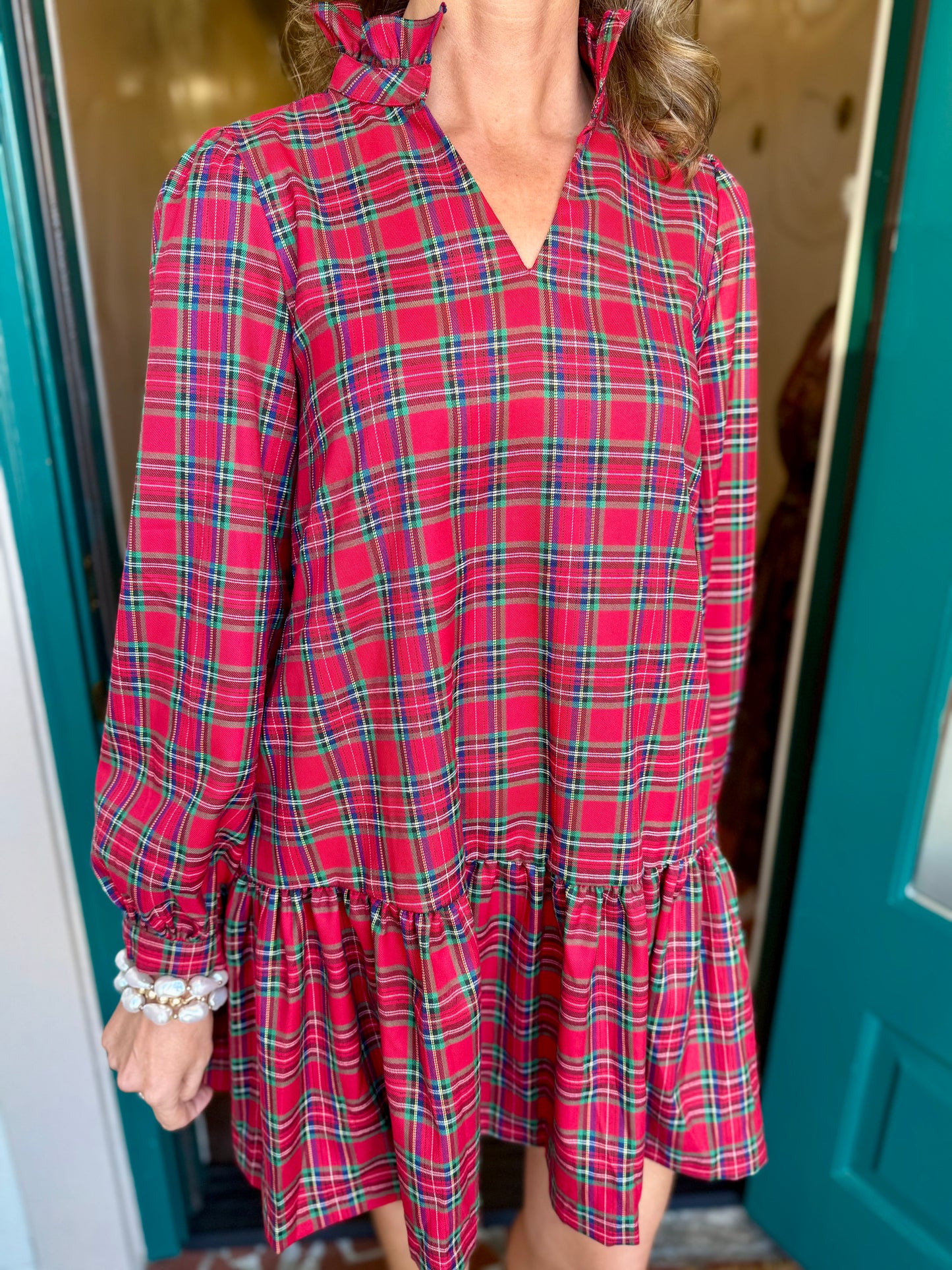 Ruffled High Neck Checker Dress