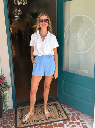 White Stand Collar Short Sleeve Shirt