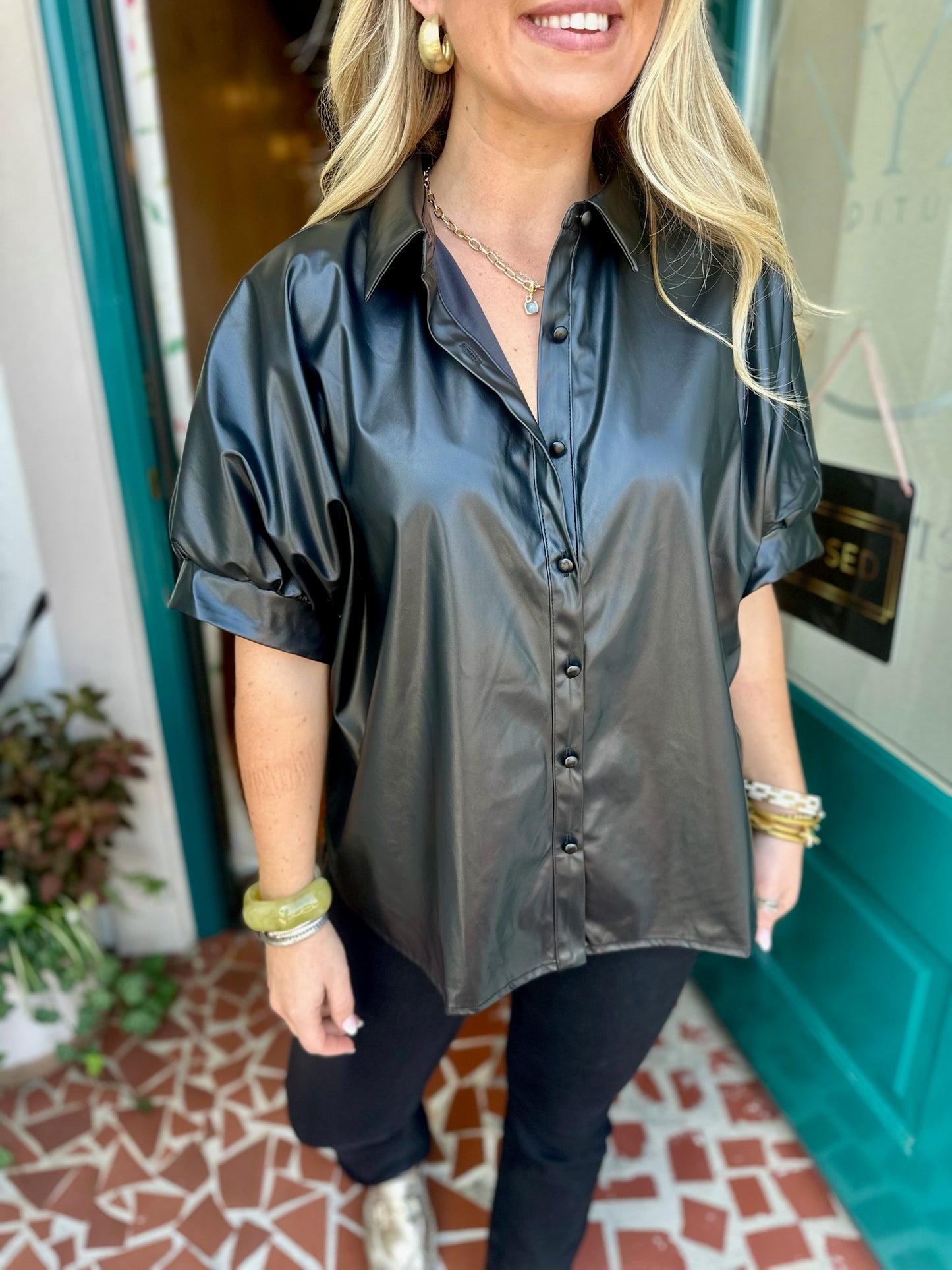 Faux Leather Collared Button Up Top