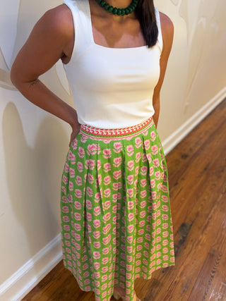 Floral Print Contrast Trim Midi Skirt