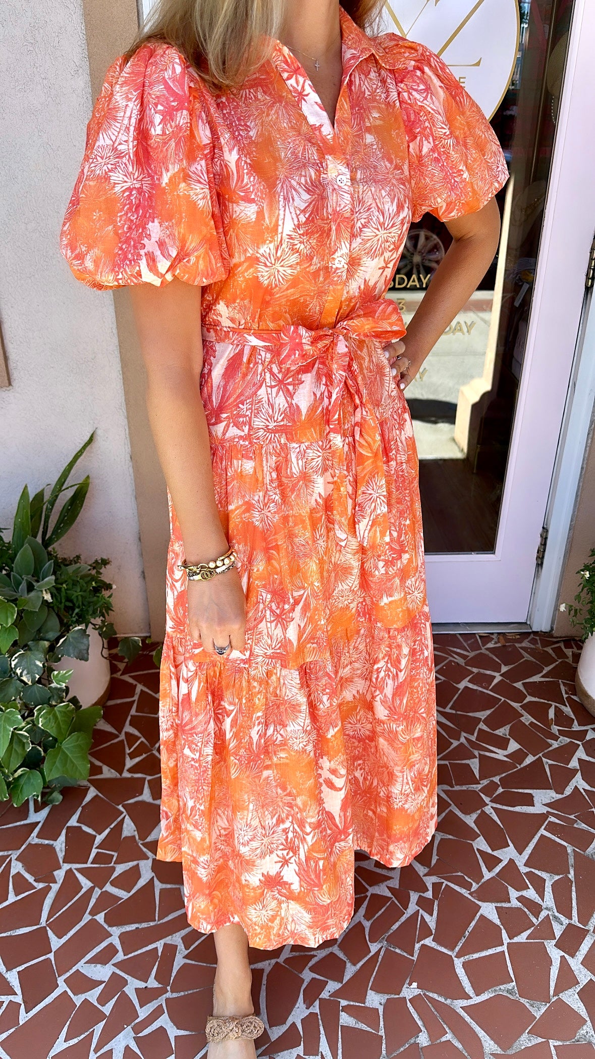 Tangerine Palm Print Dress