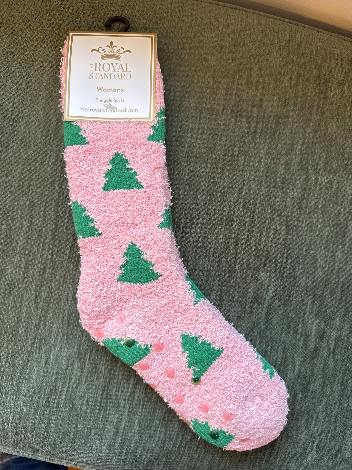 Pink Fuzzy Socks with Green Trees