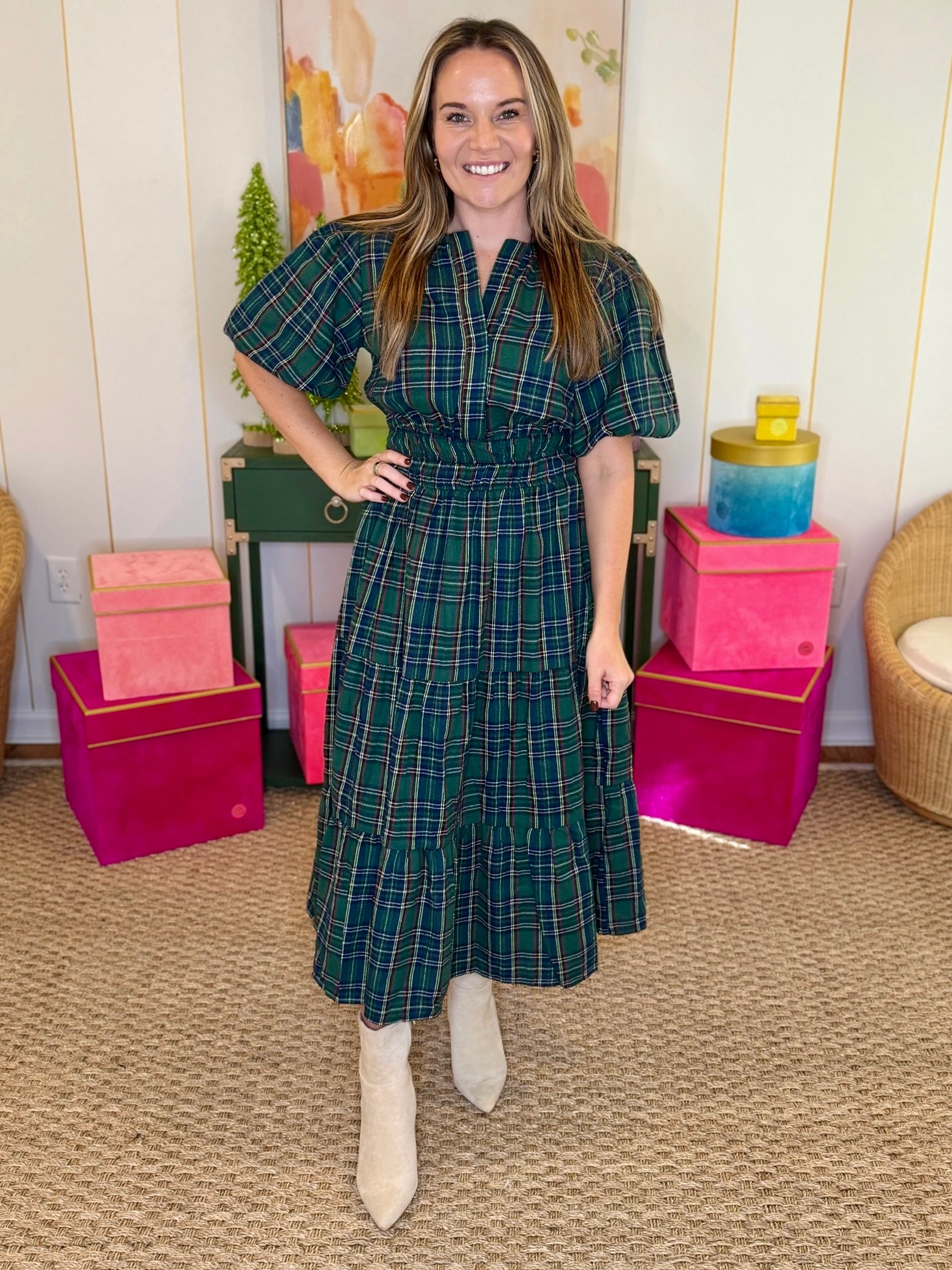 Green Plaid Tiered Midi Dress