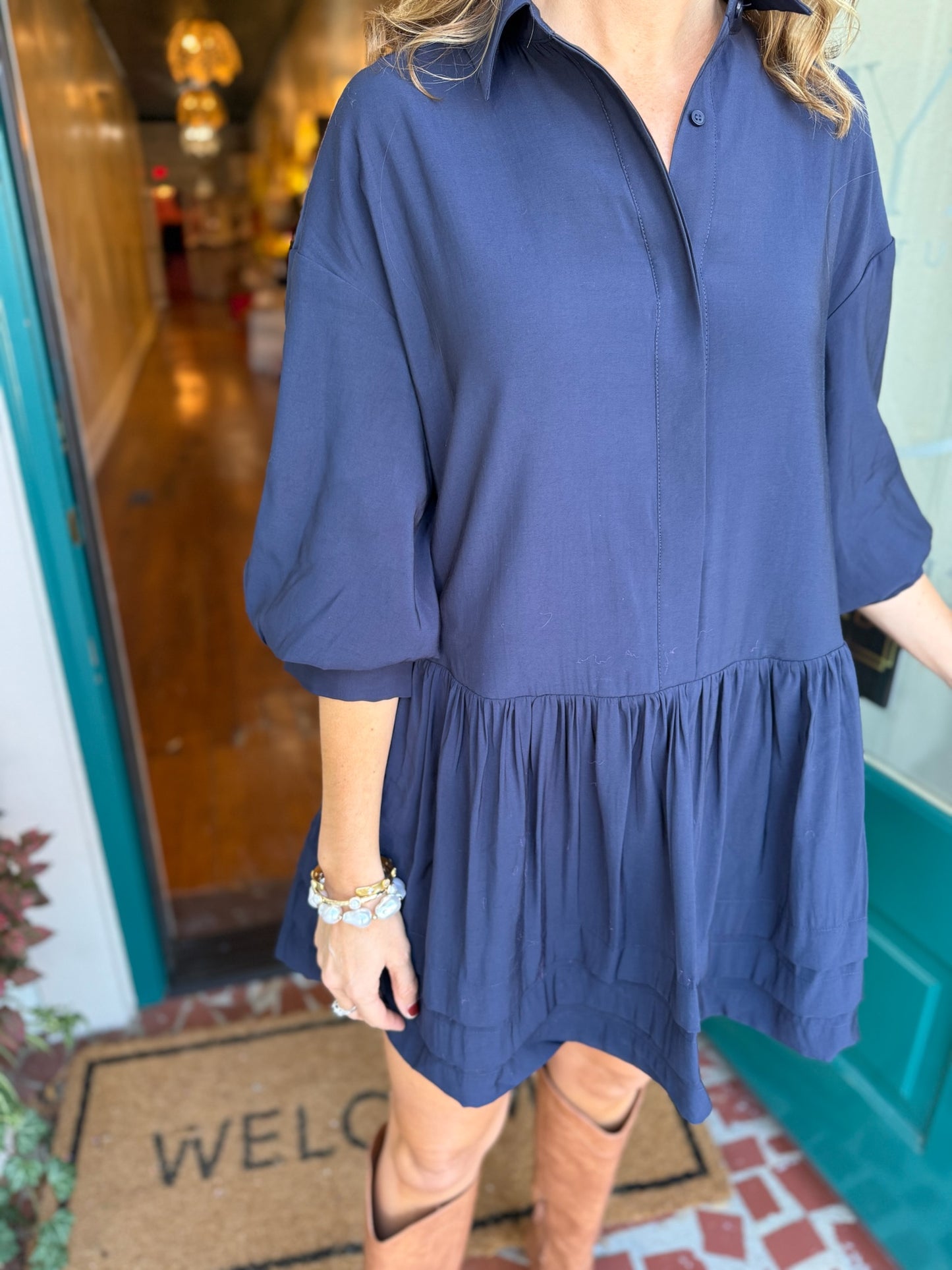 Navy Poplin Balloon Sleeve Dress - English Factory