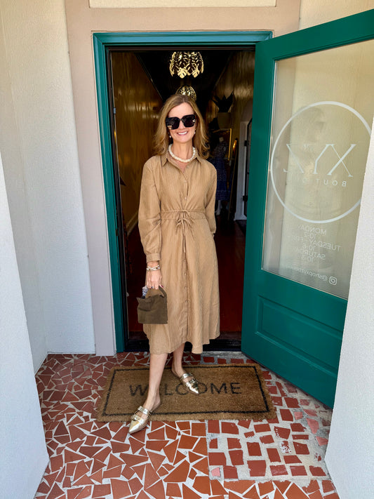 Brown Striped Button Down Shirt Dress