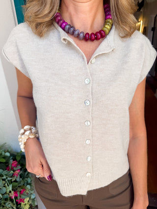 Rolled Edge Button Front Sleeveless Sweater-Saturday Steal