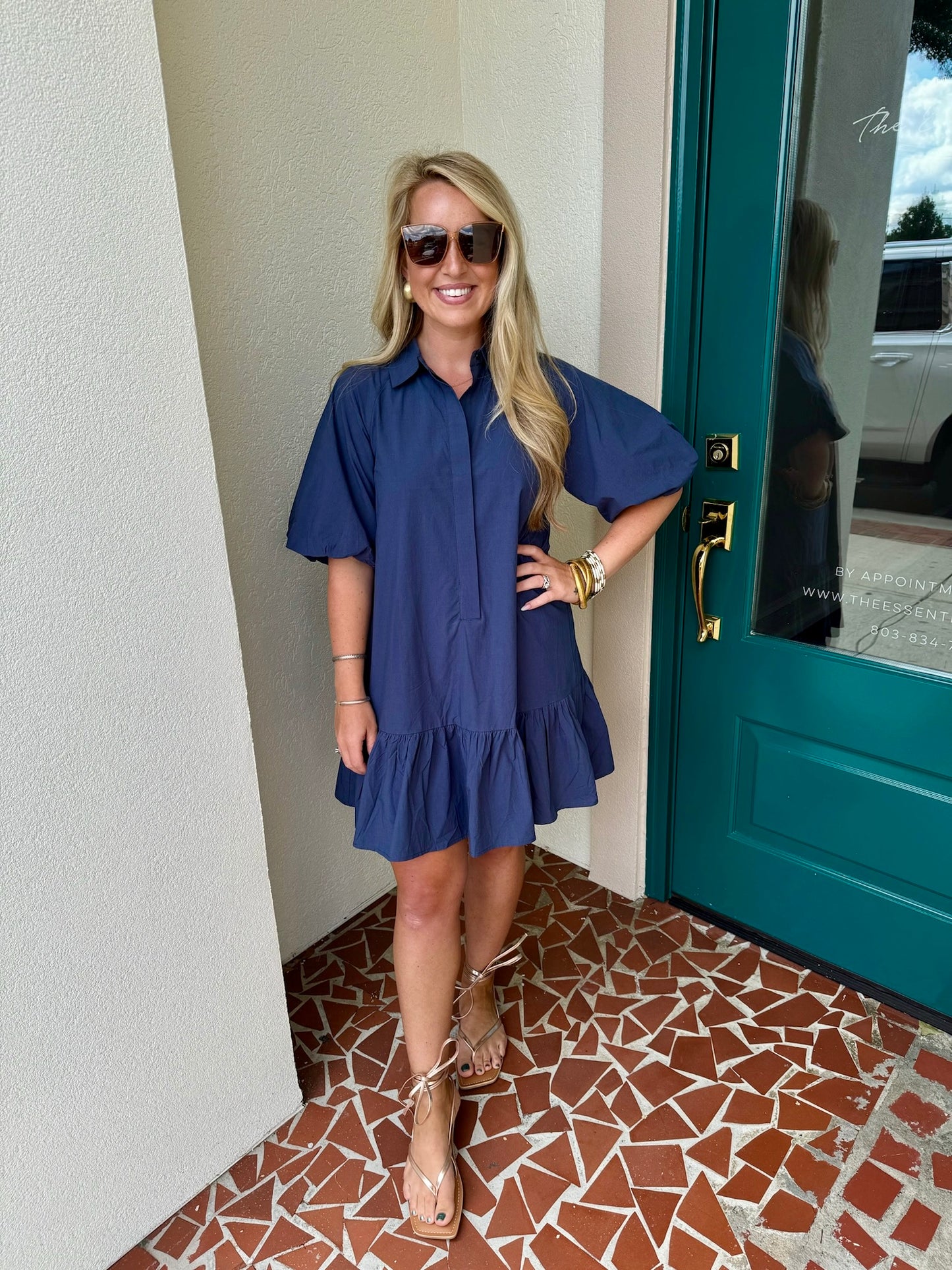 Navy Short Sleeve Button Down Dress