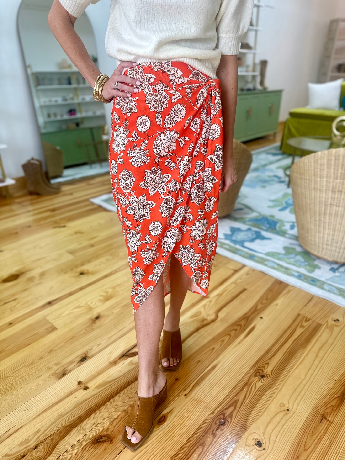 Rust Floral Wrap Skirt