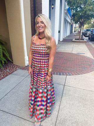 Smocked Bodice Plaid Tiered Maxi Dress