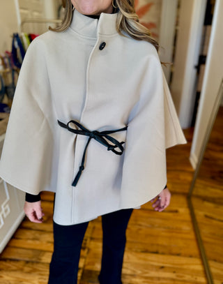 Funnel Neck Faux Leather Belt Cape