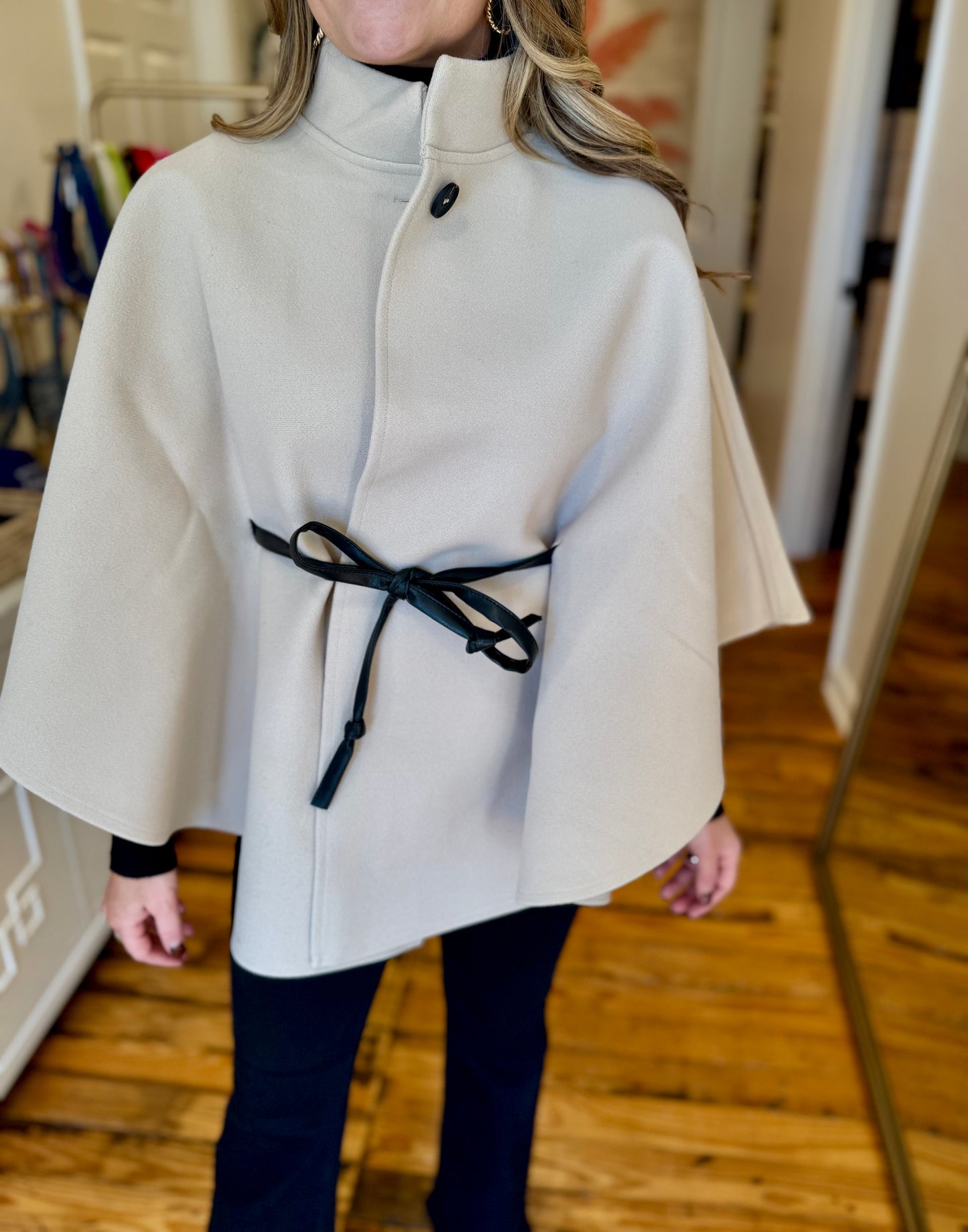 Funnel Neck Faux Leather Belt Cape