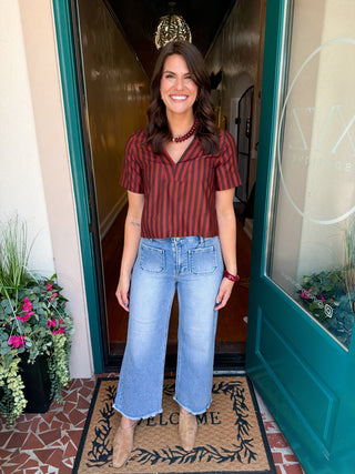 Striped V-neck Short Sleeve Top-Saturday Steal