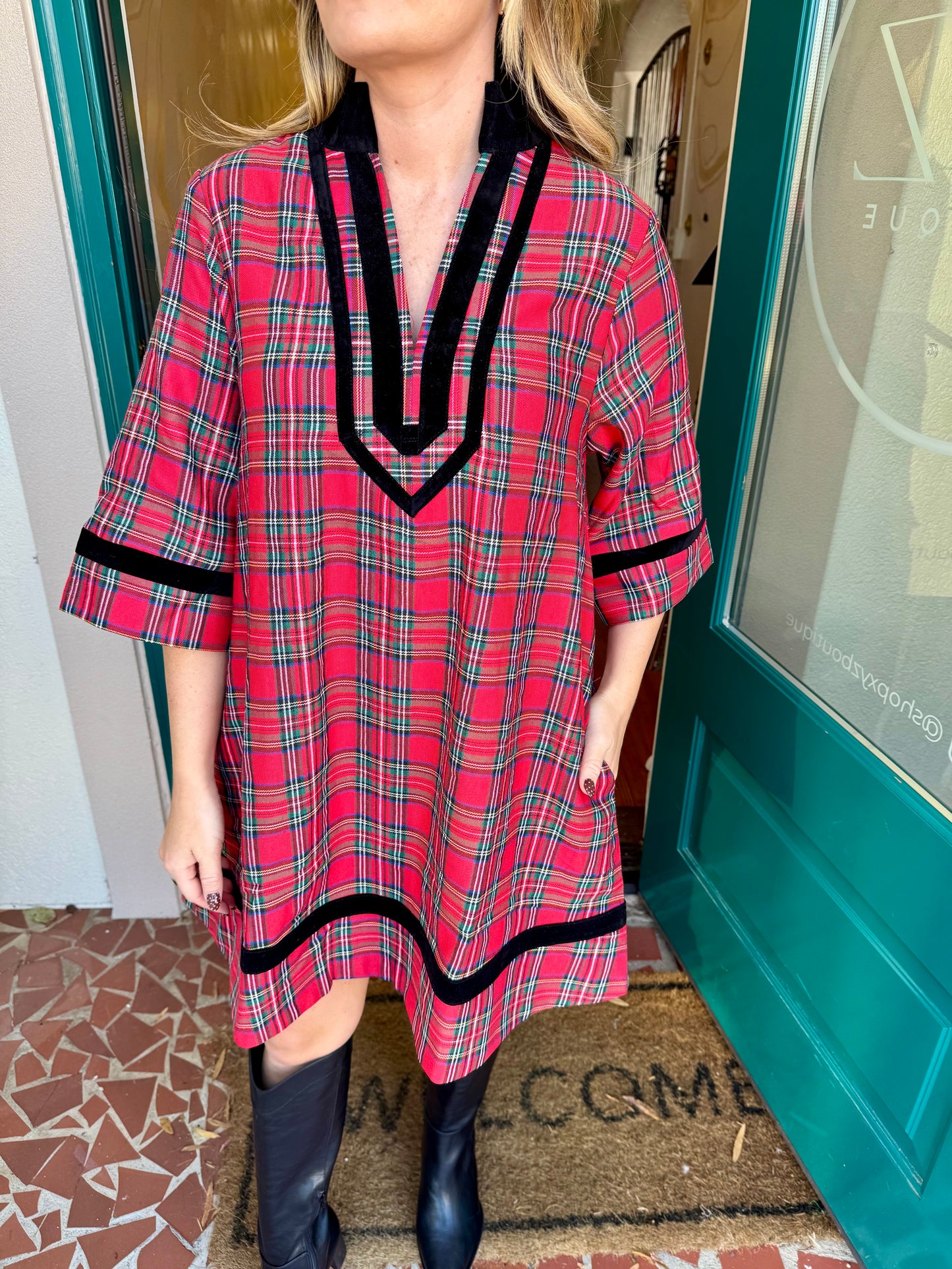 Plaid Velvet Trim Dress