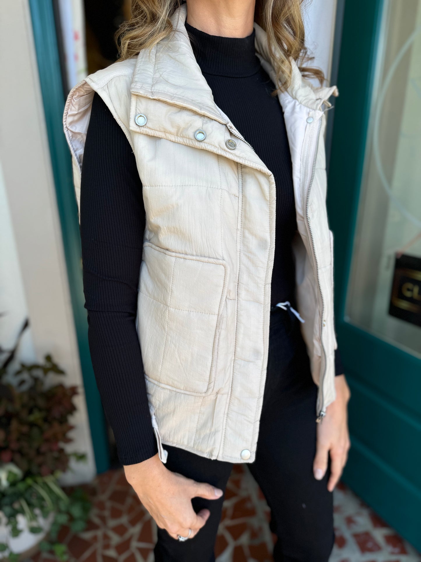 Bone Quilted Zip Up Vest