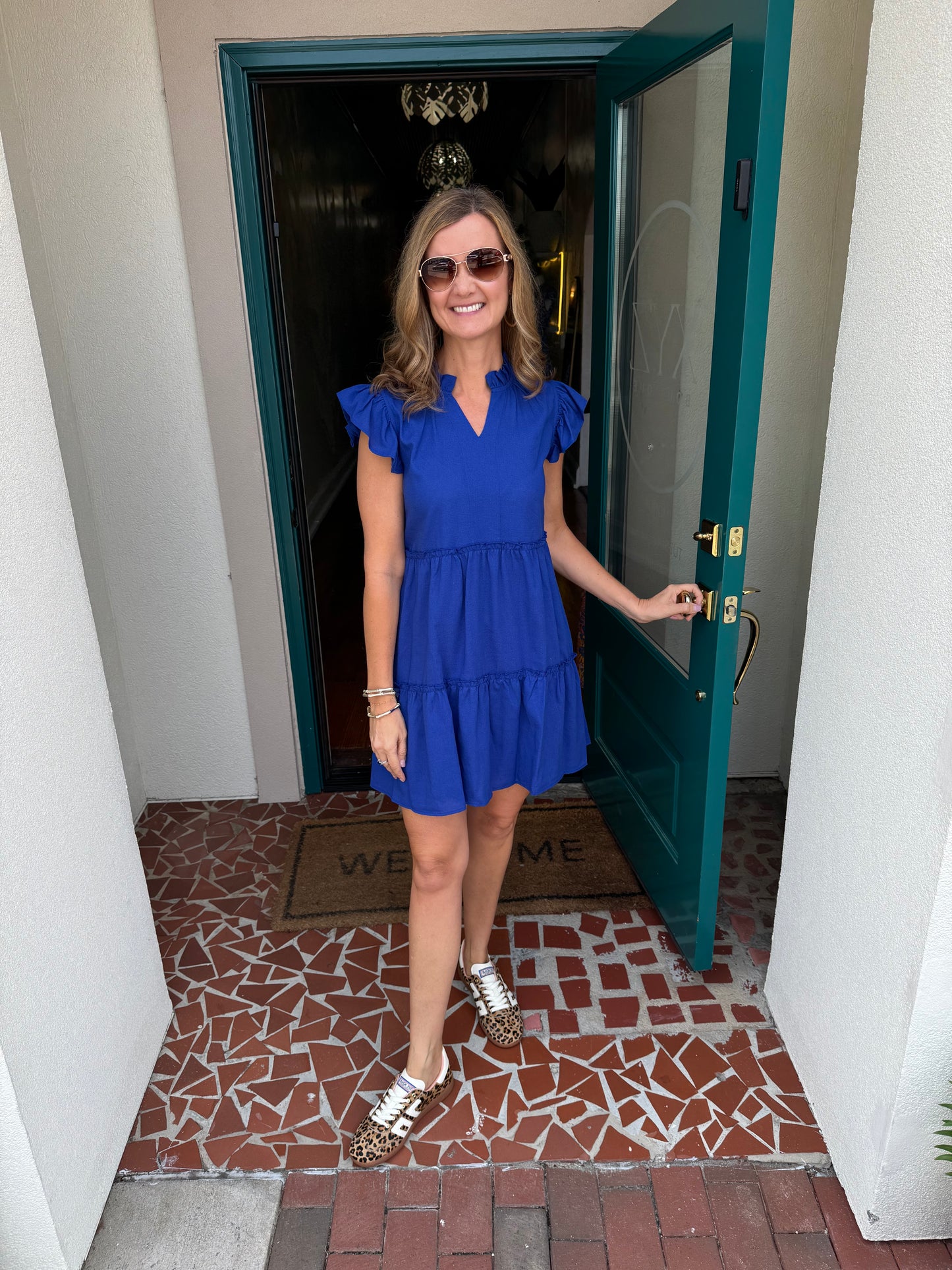 Royal Blue Linen Ruffle Sleeve Dress